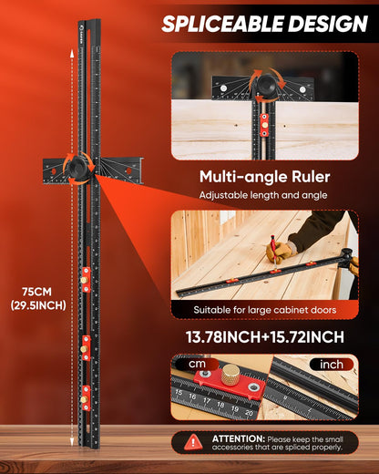 Saker 4-in-1 Scriber Marking Line Ruler, 29.5in Spliceable Extended T Square, Precision Line Drawing & Drilling Positioning Tool, Cabinet Hardware Jig with Angle Adjustment for Woodworking