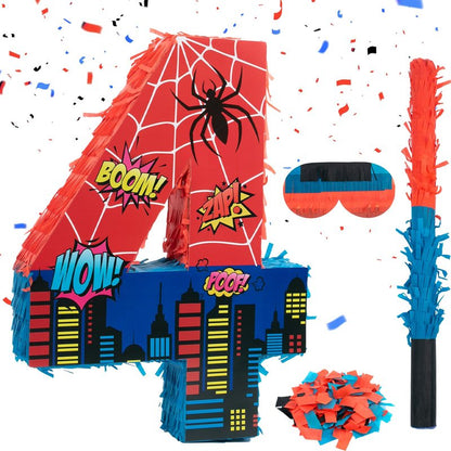 Number 4 Spider Pinata Bundle with 16 Inch Piñata Stick Blindfold Confetti for Hero Birthday Party Decoration Anniversary Celebration Gift Spider Party Favors for Kids, 16 x 11.6 x 2.4 Inch