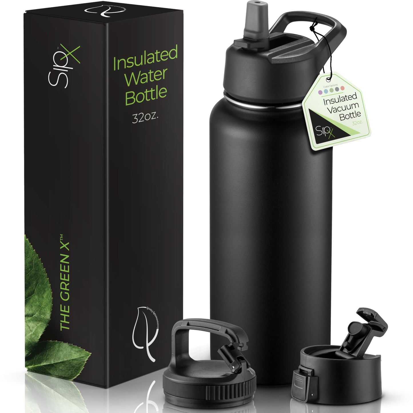 SipX™ 32 oz Insulated Water Bottle with 3 Lids – Leakproof Stainless Steel, Triple Insulated – Cold 24 Hours/Hot 12 Hours – Durable Bottle for School, Gym, Travel – Black