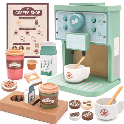 Kids Coffee Playset Toy Coffee Maker Set for Toddler Wooden Kitchen Accessories Pretend Play for Girls Boys Ages Birthday Gifts