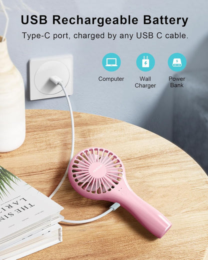 TriPole Mini Handheld Fan, Battery Operated, Portable, Speed Adjustable, USB Rechargeable, Pink for Kids, Women, Men,