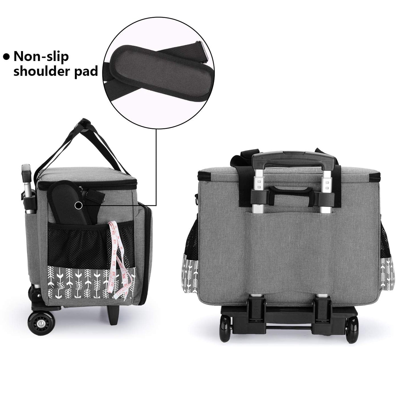 Yarwo Upgraded Rolling Sewing Machine Carrying Case, Detachable Trolley Tote Bag with Removable Bottom Board and Thickened Trailer Leg for Most Standard Sewing Machine and Accessories, Gray with Arrow