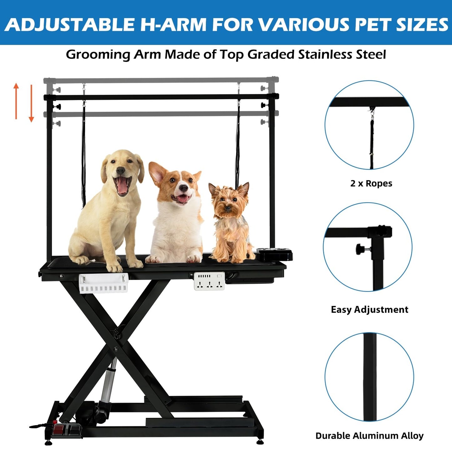 PeacefulHues 50" Electric Hydraulic Dog Grooming Table, Heavy Duty Grooming Table with Aluminium Overhead Arm, Anti Slip Tabletop, 6 USB Ports for Home and Salon, Maximum Capacity Up to 300Lb, Black