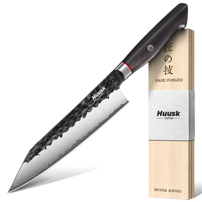 Huusk Kiritsuke Japanese Chef Knife - Hand Forged Japanese Knives with VG10 Steel Core, Ergonomic Handle 8 inch Kitchen Knife for Meat Sashimi Vegetable, Elegant Gift Box, Pro Chef's Choice