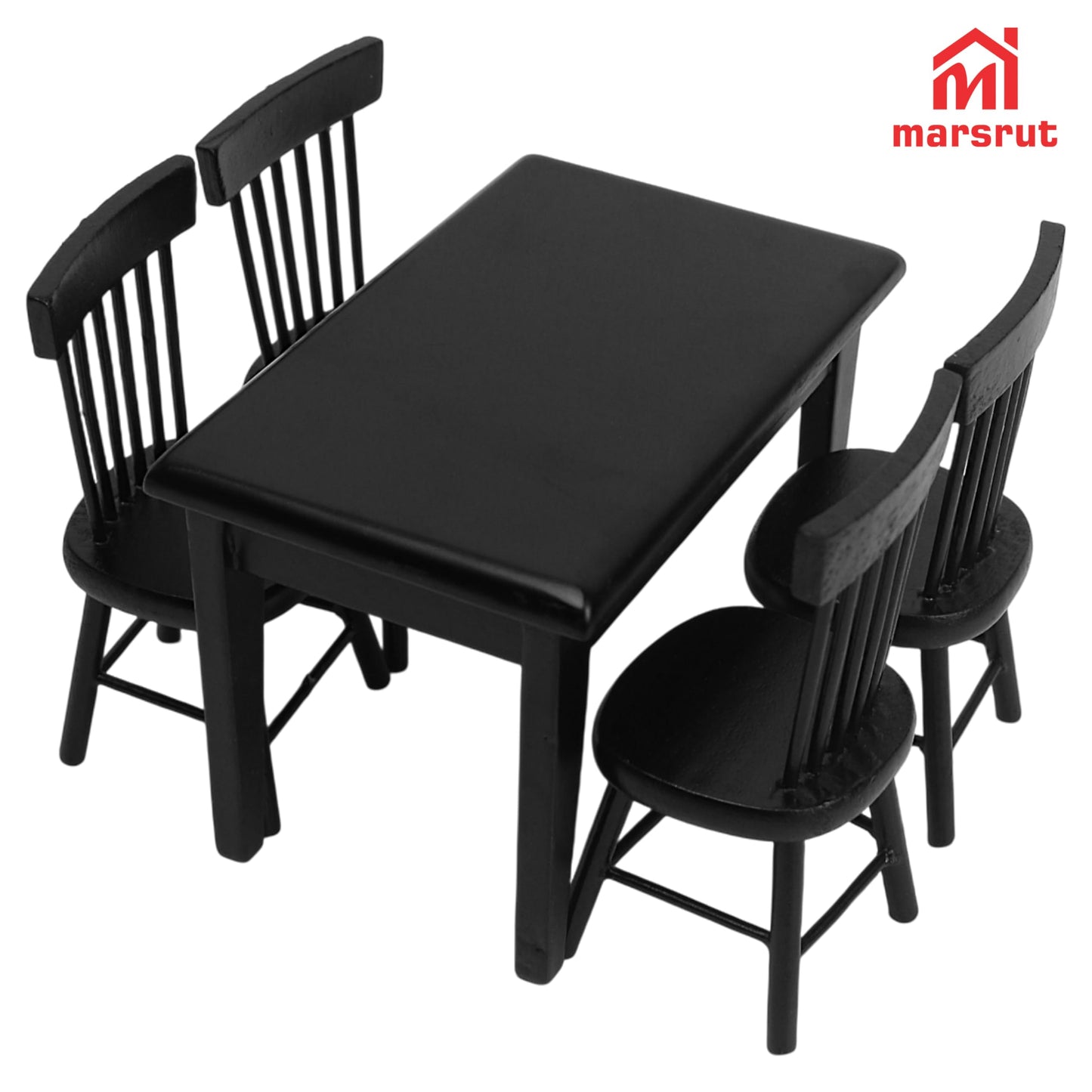 Miniature Dining Table and Chairs Set 5pcs – 1:12 Scale Dollhouse Room Furniture Kitchen Mini Wooden Chair Accessories, Model Accessory Decoration for Doll House DIY Hobby, Black