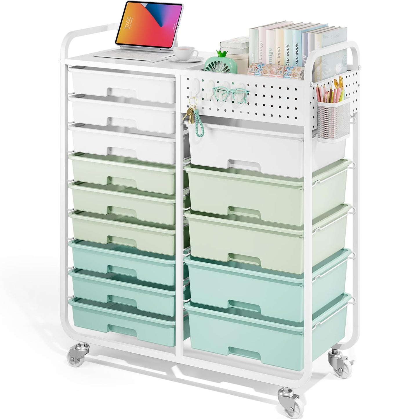 Rolling Storage Cart with 14 Drawers, Storage Organizer Cart with Tabletop and Pegboard,Utility Cart for Living Room, Classroom, Bedroom,Bathroom,Dorm,Office (Green)