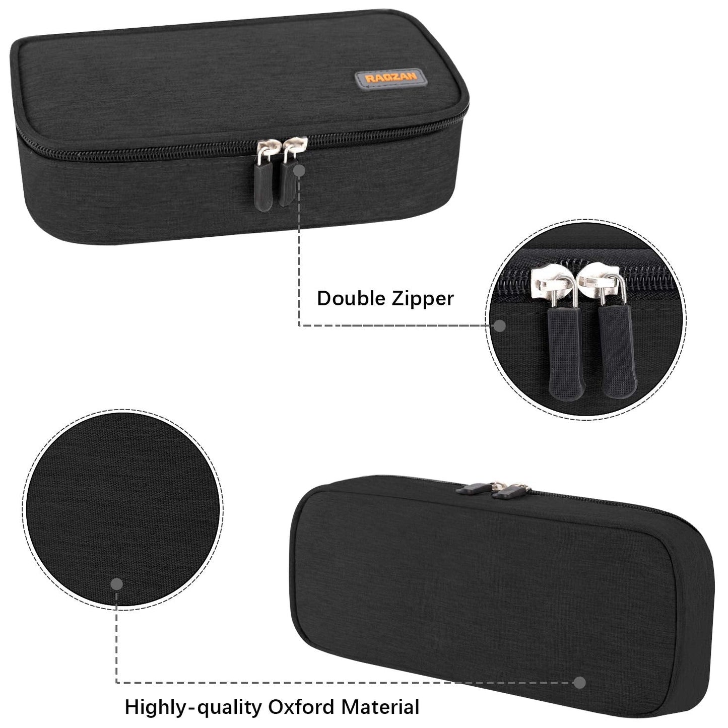 RAGZAN Big Capacity Pencil Case, Oxford Cloth Pencil Bag Storage Pouch Pen Pencil Marker Stationery Bag Holder for Middle College and Office, Idea Gift for Back to School Season - Black
