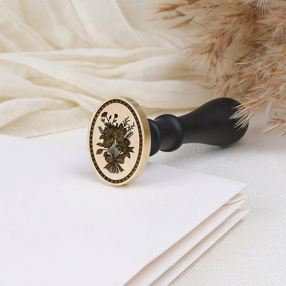 UNIQOOO 3D Relief Wax Seal Stamp, Vintage Frame Bouquet Botanical Brass Head with Wood Handle, Aesthetic Floral Sealer for Wedding Invitations, DIY, Gift Wrapping, Envelopes, Christmas Cards