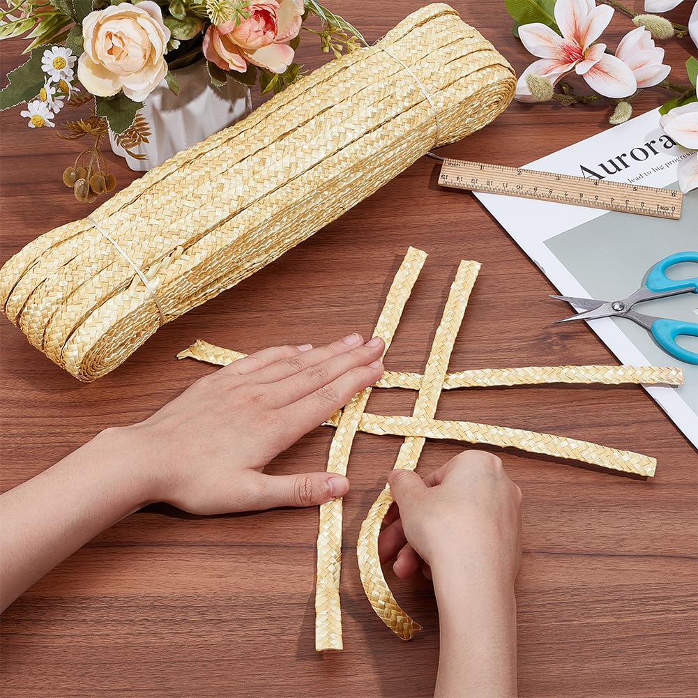PH PandaHall 54.68 Yards Wheat Straw Braided Material for Hat Making, 1/2 inch Wide Handwoven Natural Straw Braiding Lace Trim Rustic Sewing Ribbon for Hat, Basket, Bag, Vase, DIY Craft
