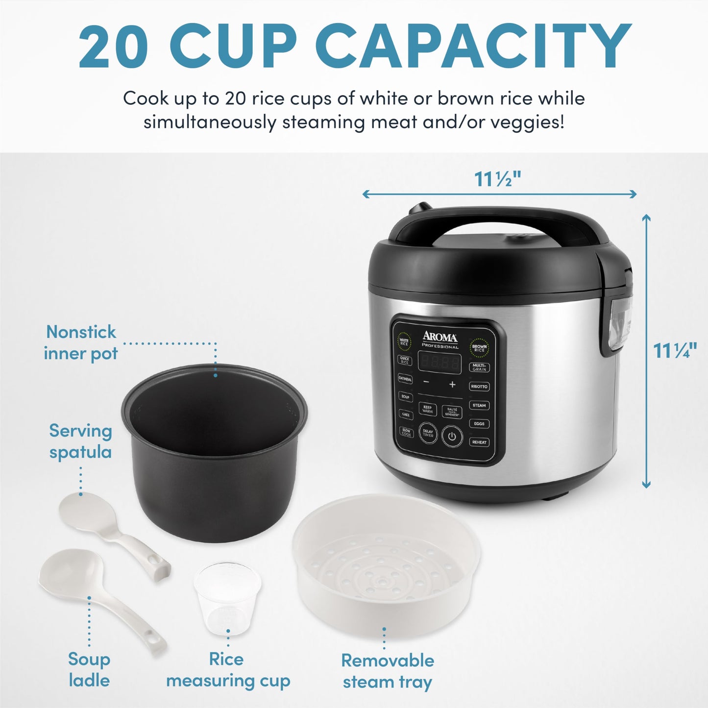 Aroma Housewares Professional Plus ARC-5000SB 20 Cup (Cooked) Digital Rice Cooker, Food Steamer, Slow Cooker, Stainless Exterior/Nonstick Pot, Silver, Black, 10-cup uncooked/20-cup cooked/4QT