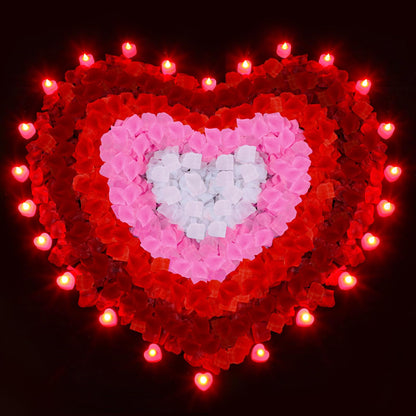 Honoson 1000 Pieces Artificial Rose Petals with 24 Pcs Flameless Heart Shaped LED Tealights Candles Special Romantic Night Decorations for Proposal Wedding Anniversary Table Decor(White with Red)