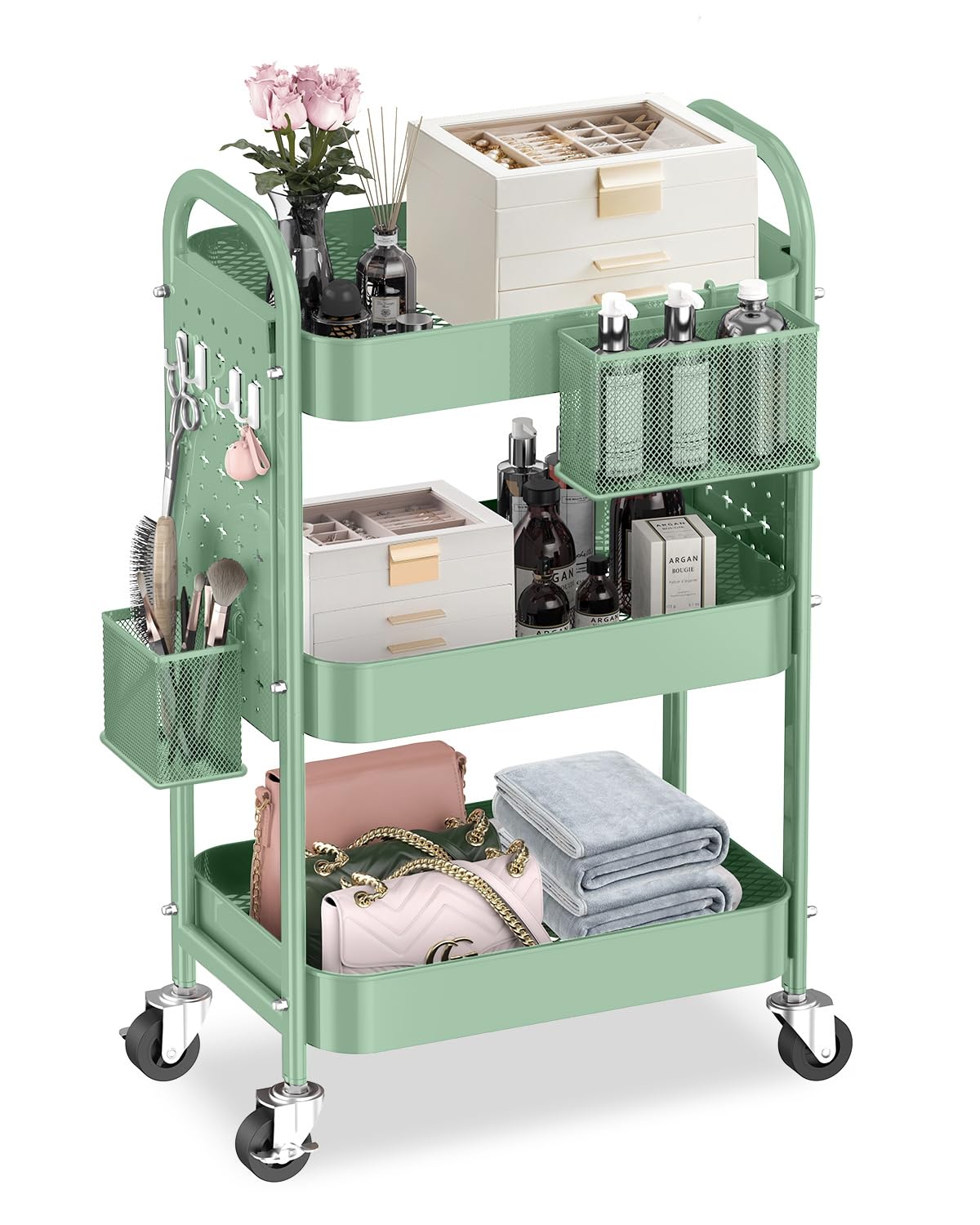 ALVOROG 3 Tier Rolling Cart with DIY Pegboards Metal Utility Cart with Wheels Handles Baskets Hooks, Storage Cart for Office Kitchen Bathroom(Green)