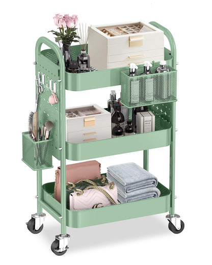 ALVOROG 3 Tier Rolling Cart with DIY Pegboards Metal Utility Cart with Wheels Handles Baskets Hooks, Storage Cart for Office Kitchen Bathroom(Green)