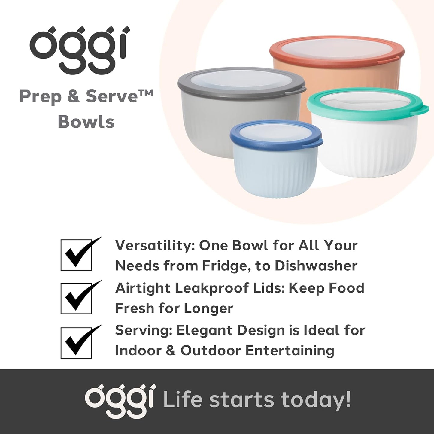 Oggi Prep, Store & Serve Plastic Bowl - 0.7 qt with See-Thru Lid, Dishwasher, Microwave & Freezer Safe, Lt Gray/Dk Gray