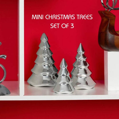 Nambé Holiday Mini Christmas Tree Set – Sculpted Alloy Design with Snowy Accents, Festive Seasonal Decoration for Mantel, Tabletop, or Shelf Display – Three Sizes, Elegant Holiday Collectibles