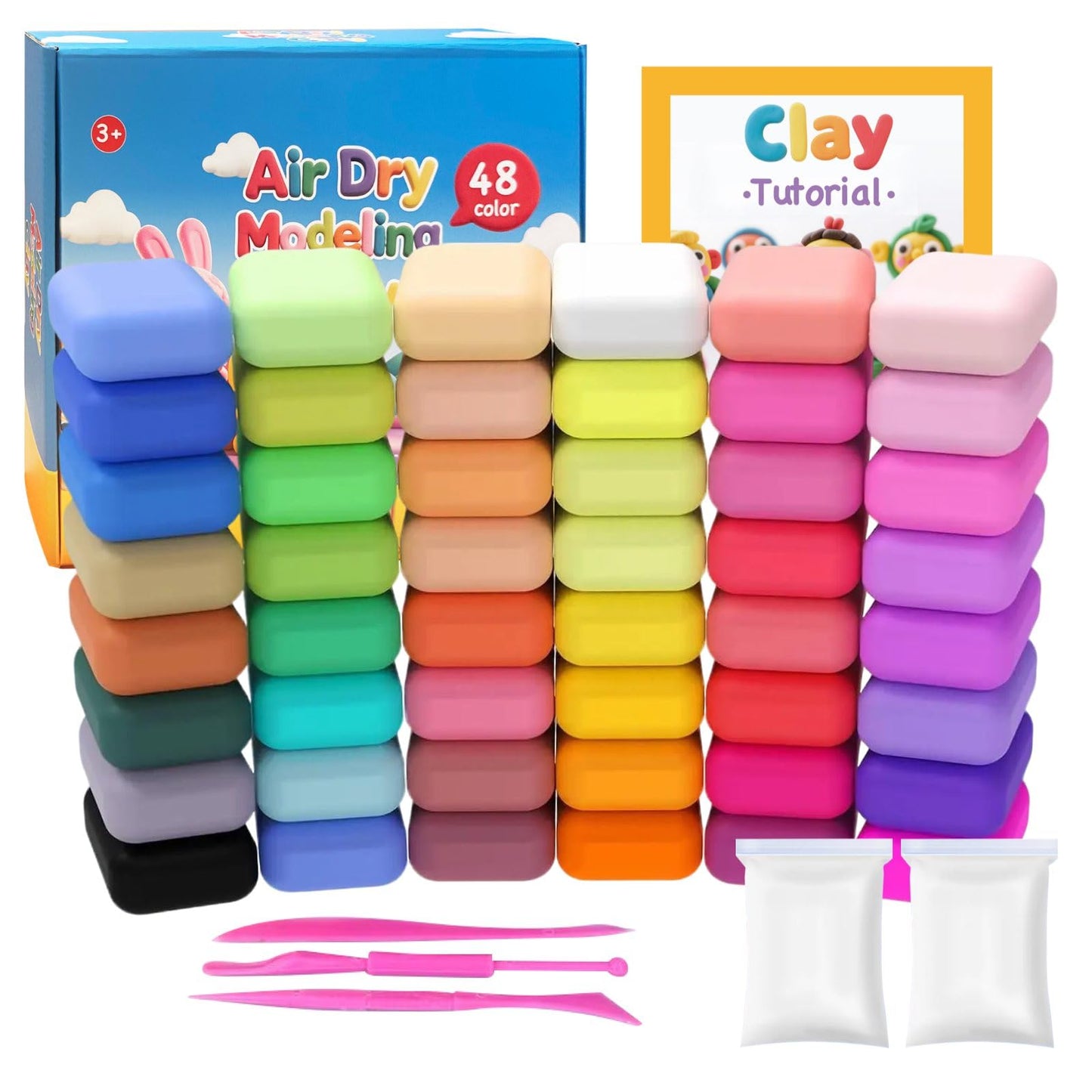 48 Colors Air Dry Modeling Clay with Bonus 2 White, Ultra Light Molding Clay Kit & Tools Gift Set for Kids Boys Girls, Soft Non-Sticky Magic Clay for Art Crafts