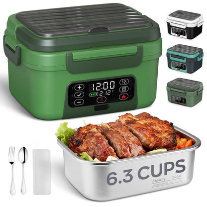 Odopok Cordless Electric Lunch Box, 6.3 Cup 100W Heated Lunch Box with 20000mAH Battery Powered for Self Heating, Including Fork Spoon and Insulated Bag for Men Women Adults, BPA Free(Dark Green)