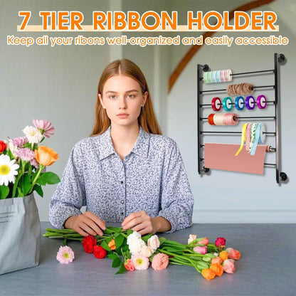 Xbsyhx 7 Tier Ribbon Storage Organizer, Wall Mounted Ribbon Organizer, Wrapping Paper Rack, Metal Ribbon Storage Craft Room Cake Shop Flower Store Scarf Belt-Black