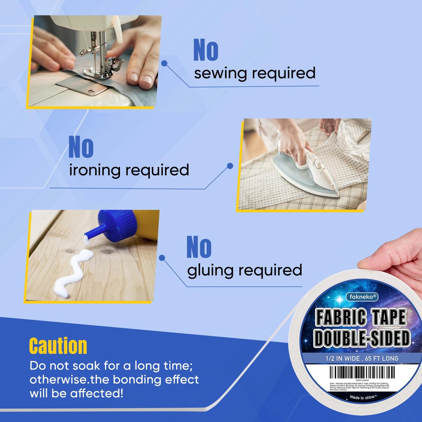 Double-Sided Fabric Tape, Perfect for Clothing Repairs & Fabric Bonding, No Sewing, Ironing, Gluing Required, Strong Adhesive Cloth Tape for Hemming & DIY Crafts, Easy to Remove (1/2inch+1inch)