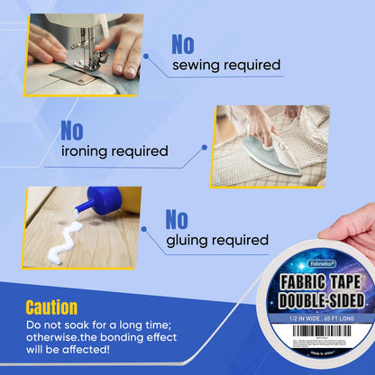 Double-Sided Fabric Tape, Perfect for Clothing Repairs & Fabric Bonding, No Sewing, Ironing, Gluing Required, Strong Adhesive Cloth Tape for Hemming & DIY Crafts, Easy to Remove (1/2inch+1inch)