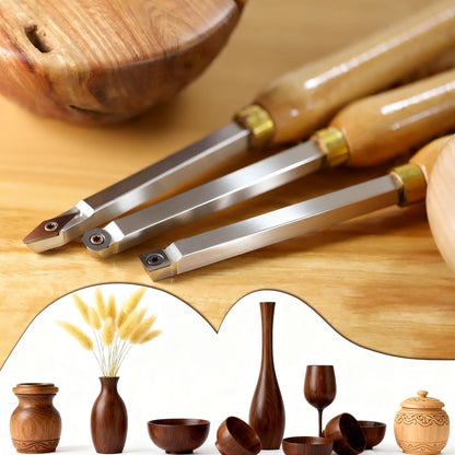Mini Carbide Tipped Wood Lathe Turning tools Combo set Rougher Detailer Finisher with Wood Handle and Diamond Round Square Carbide Inserts，3pcs