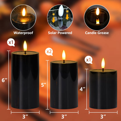 Mavandes Solar Powered Waterproof Flameless Pillar Candles with Candle Grease, Flickering Dusk to Dawn Battery Operated Pack of 4 Black Plastic LED Outdoor Lighting Halloween (3" x 4" 5" 5" 6")
