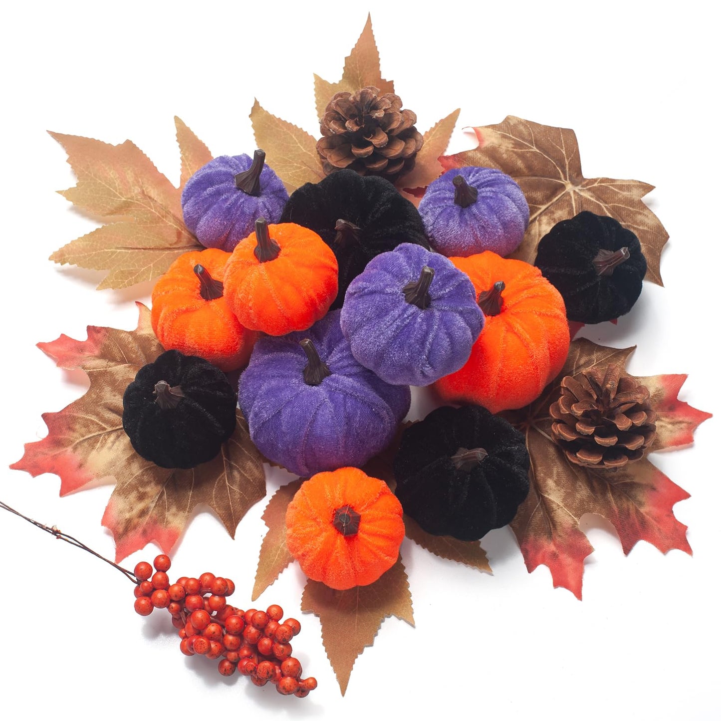 GHGMAO 21 PCS Pumpkins Decor Set, 3 Sizes Fake Velvet Pumpkin, Black Purple Orange Small Foam Pumpkin, Autumn Table Centerpiece for Thanksgiving Farmhouse Fall Harvest Halloween Party Decorations