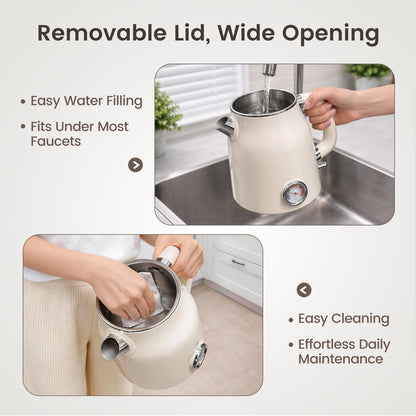 Mecity Retro Electric Kettle 1.7L, Stainless Steel Interior (No Plastic Contact), Double Wall Cool Touch, Fast Boil 1500W, Thermometer (°F/°C), Removable Lid, Wide Opening Easy Cleaning, 120V, Cream