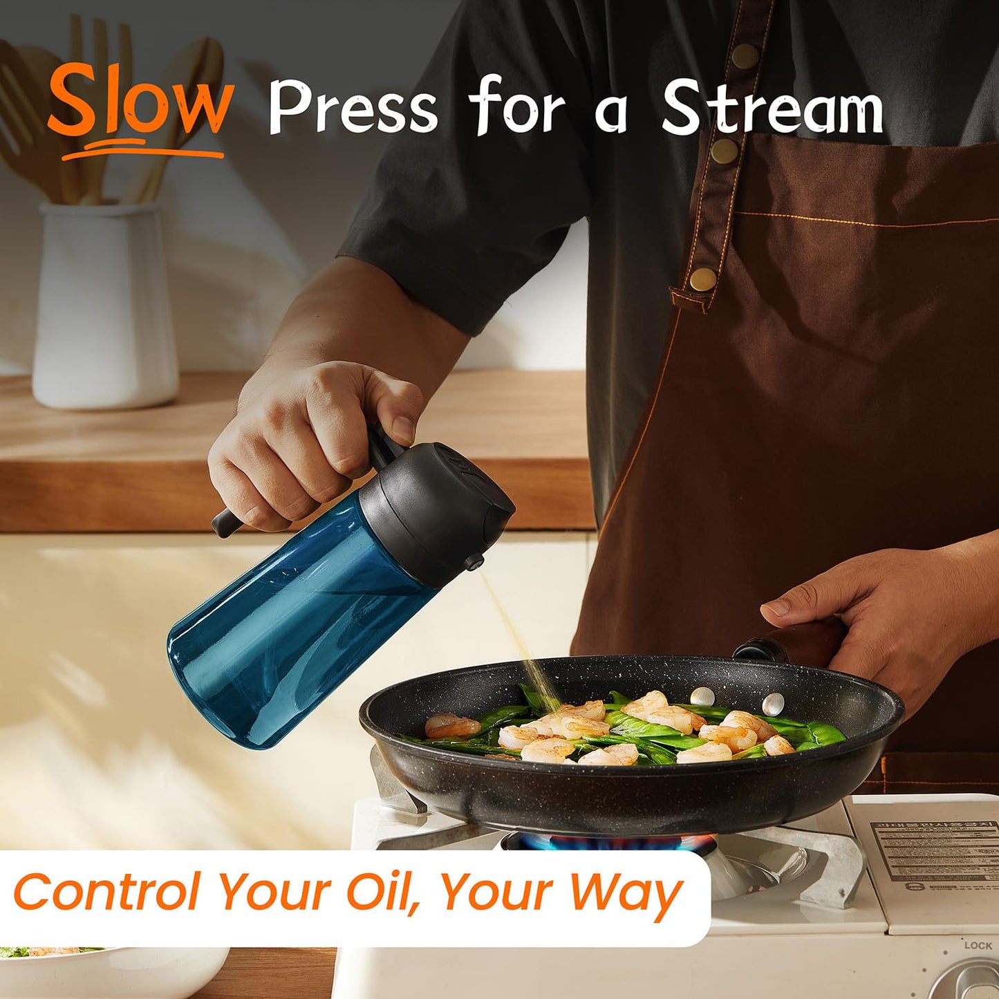 TrendPlain 16oz/470ml Blue Glass Olive Oil Sprayer for Cooking - 2 in 1 Olive Oil Dispenser for Kitchen Gadgets, Air Fryer, Salad, and BBQ - Black