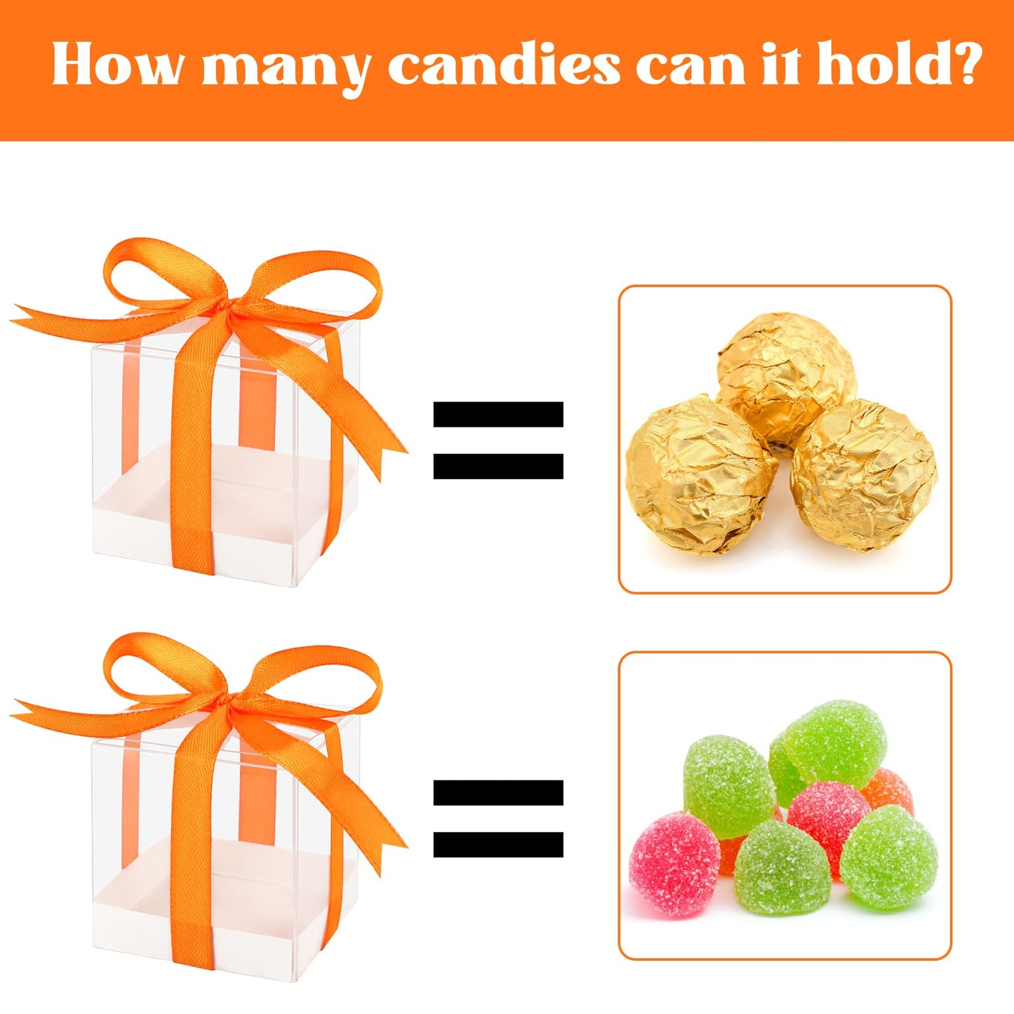 Hxezoc 50 Pack Favor Boxes 2x2x2 Inches Clear Candy Treat Boxes with Orange Ribbons, Mini Plastic Gift for Wedding, Birthday Party, Baby Shower, Classroom Decoration Supplies