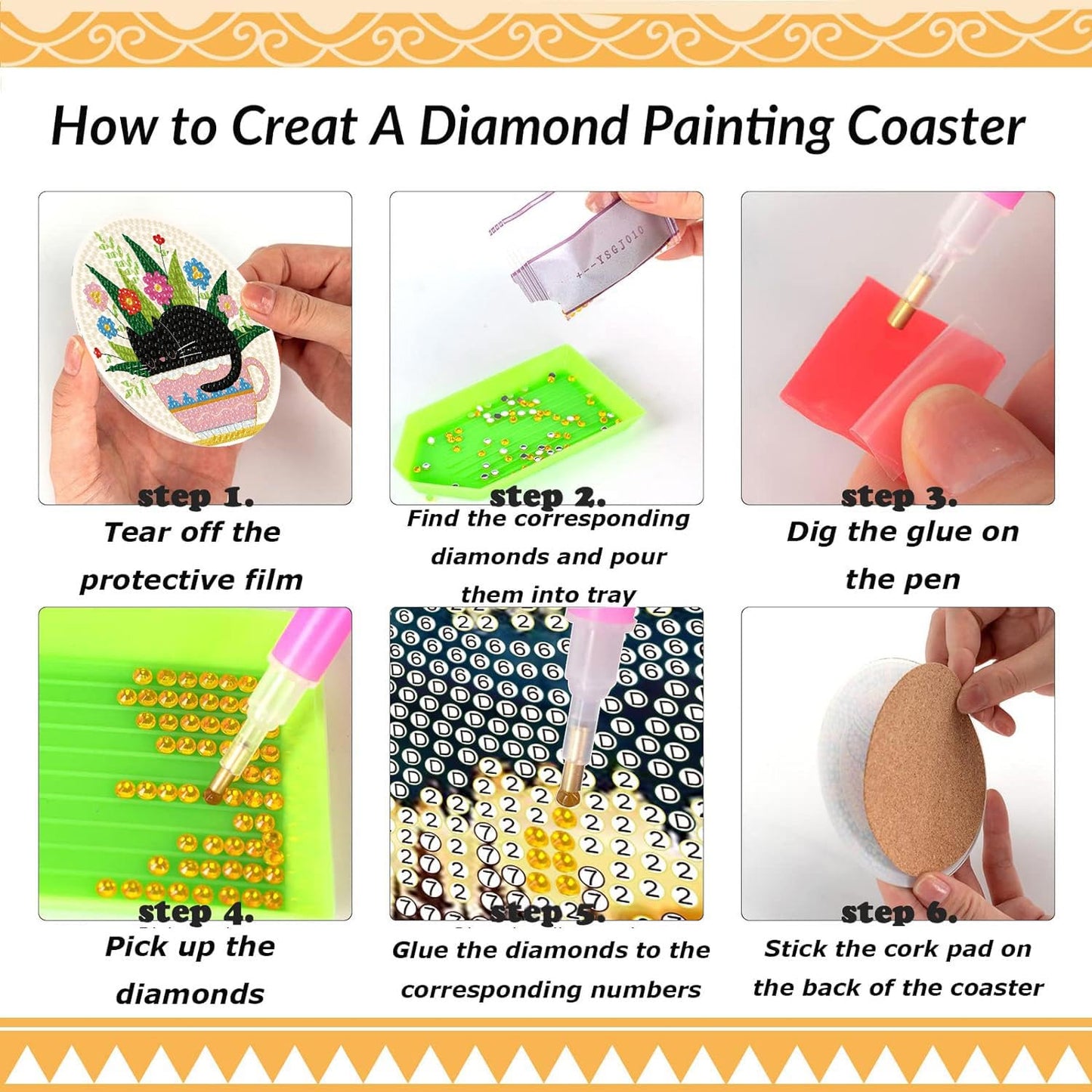 Clendo 8 Pcs Black Cat Diamond Art Coasters Kit - DIY 5D Small Diamond Painting Coasters with Holder, Flowers Diamond Art Kits for Adults Coasters, Arts and Crafts for Adults