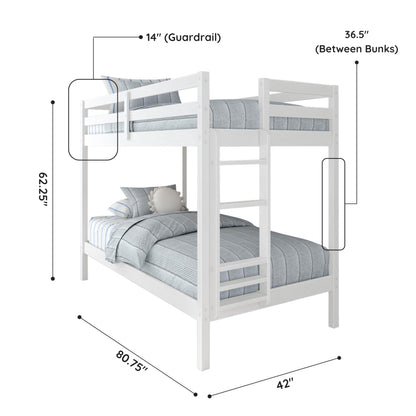 Grain & Grove Bear Twin Over Twin Bunk Bed, Sturdy Bunk Bed Frame for Kids, Plywood Bunk with Ladder, Guardrail, and Slats, No Box Spring Required, Brushed White