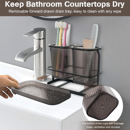 Toothbrush Holders with Drain Tray, 2 Cup Hanging Organizer for Bathroom Counter