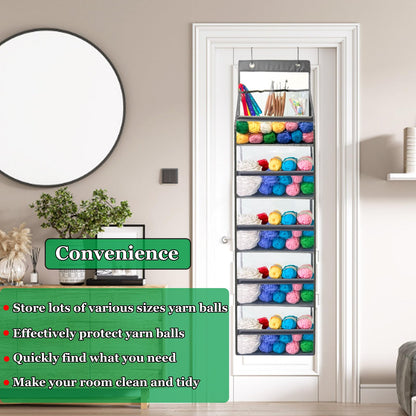 Hobekoee Hanging Yarn Storage Organizer,Large Capacity Yarn Storage Bag with 5 Yarn Balls Storage Pockets & 3 Top Crochet/Knitting Needles Pockets,Transparent Door Hanging Knitting Organizer Storage