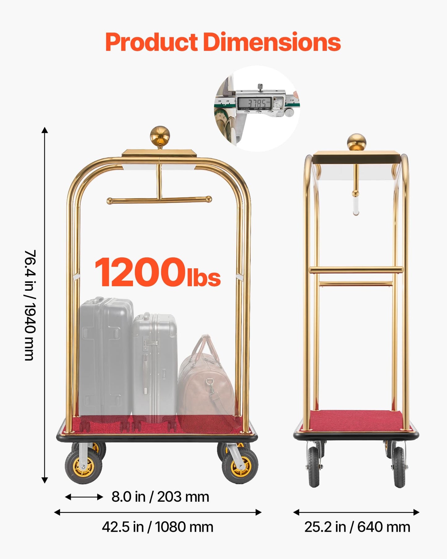 VEVOR Hotel Luggage Cart, 1200 lbs Heavy Duty Bellman Cart with Stainless Steel Frame, 8 in Rubber Wheels, Red Carpeted Deck, Commercial Luggage Carrier Rolling Trolley for Hotels, Resorts, Gold