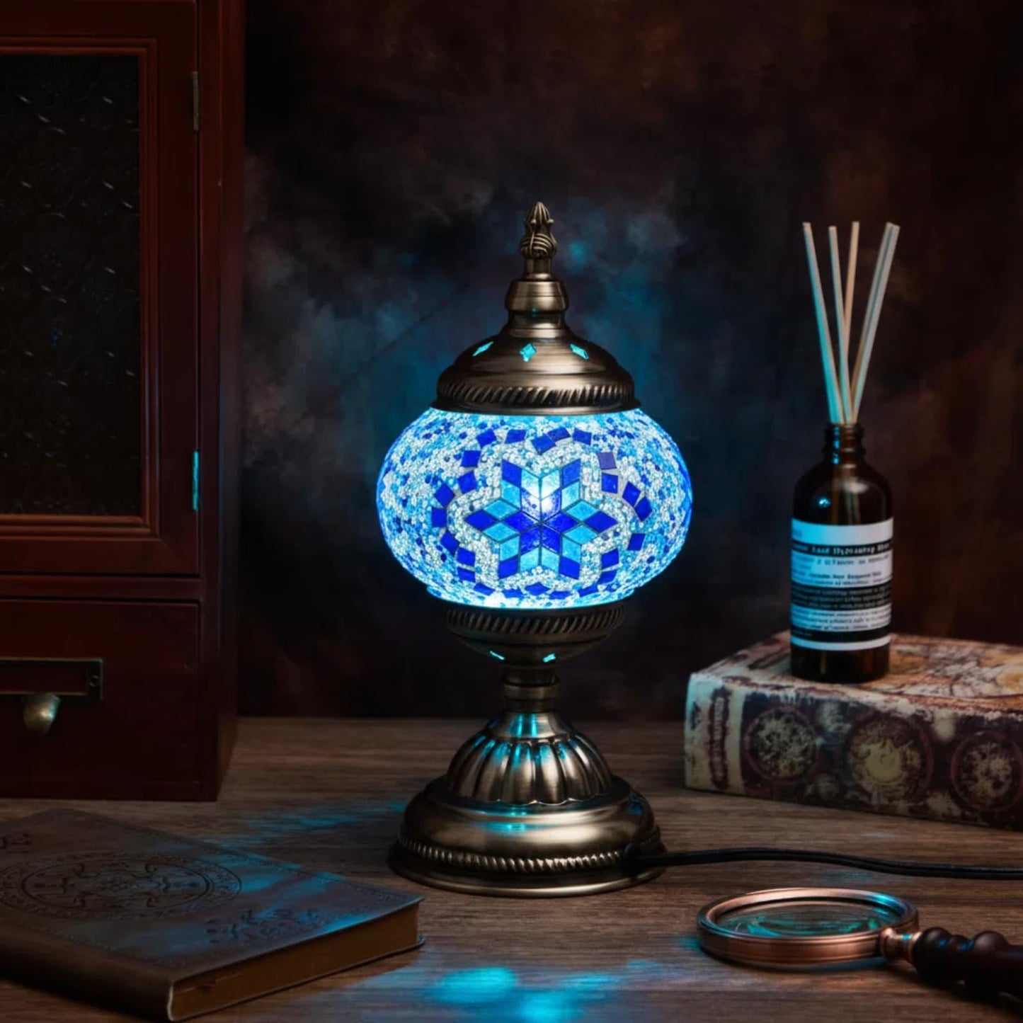 Baquler Turkish Mosaic Lamp Kit DIY Stained Glass Decorative Table Bedside Night Light Tabletop Bohemian Morrocan Lamp Crfat Kit for Living Room Decorations, Make Your Own(Blue)