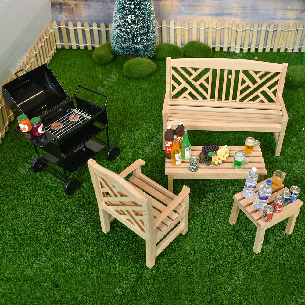 iLAND Dollhouse Furniture and Accessories on 1:12 Scale incl Dollhouse Patio Tables & Garden Chairs & BBQ Grill & Mini Bike (Modern 6pcs)