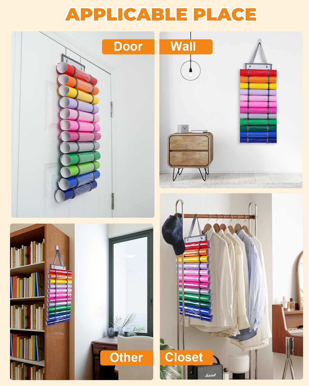 UCEC 12 Compartment Vinyl Roll Storage Organizer, Clear PVC, Hanging Wall Mount for Cricut Vinyl, Gift Wrap, Craft Paper