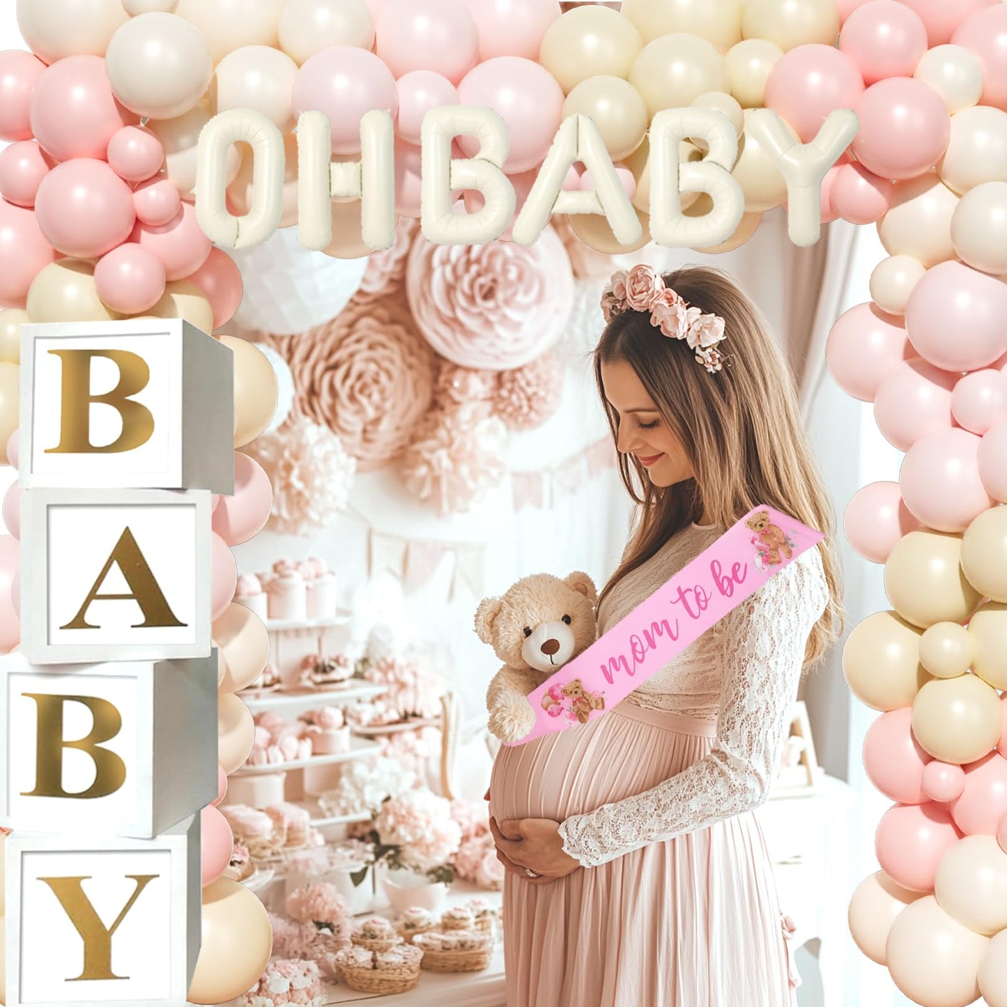 Hombae We can Bearly wait Baby Shower Decoration – 116 PCs Baby Girls Teddy Bear Party Supplies with Teddy Bear Printed Backdrop, Balloon Garland, Tablecloth, Balloon Boxes, Sash, Badges