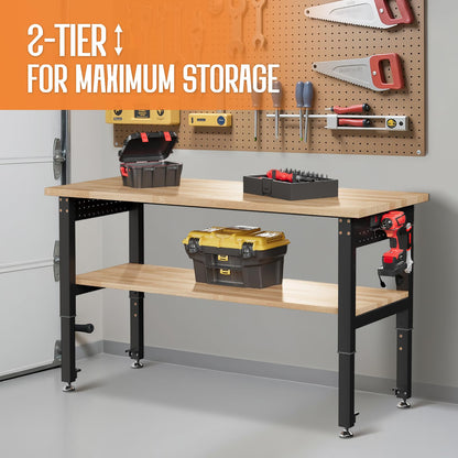 Albott 48" Adjustable 2-Tier Workbench with Solid Wood Top, Max 2500lbs Capacity, Built-in Power Strip with 4 AC Outlets & 2 USB Ports, Pegboard & 20 Hooks, Shop Garage Office
