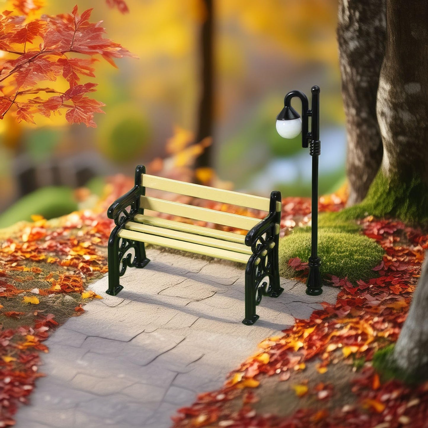 Miniature Lamppost & Bench Set (1:24 Scale): Metal & Wood Outdoor Scene Accessories for Dollhouse Garden, Park Decor, Adult Collector
