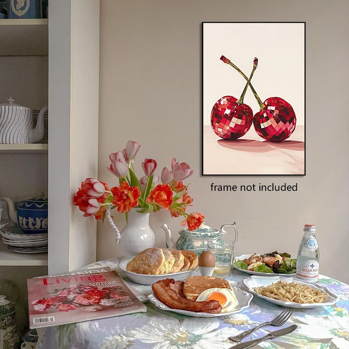 xbsifyiooa 24x36in Trendy Disco Ball Print Poster, Funky Disco Cherries Art Canvas, Pink Cherries Picture, Fruit Wall