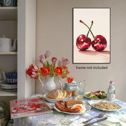 xbsifyiooa 24x36in Trendy Disco Ball Print Poster, Funky Disco Cherries Art Canvas, Pink Cherries Picture, Fruit Wall