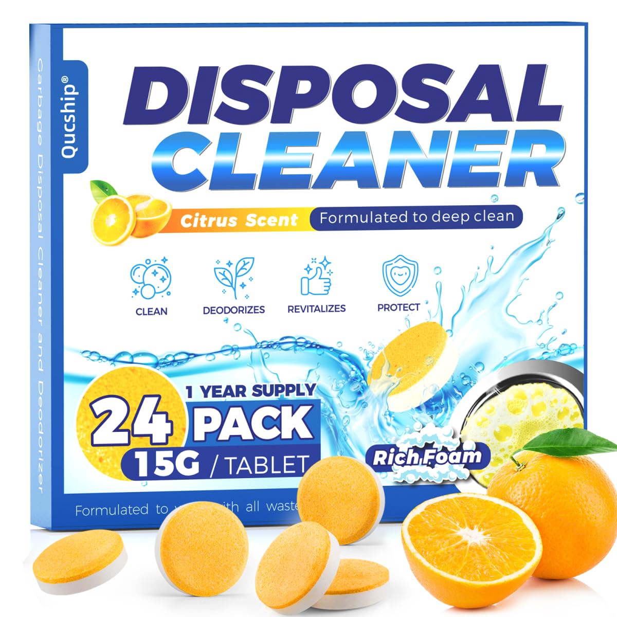 Garbage Disposal Cleaner and Deodorizer Tablets - 24 Pack, Powerful XXL Foaming Disposal Cleaner - Citrus Scented Foam, Natural Garburator & Sink Freshener, Septic Safe Kitchen Drain Cleaning Care