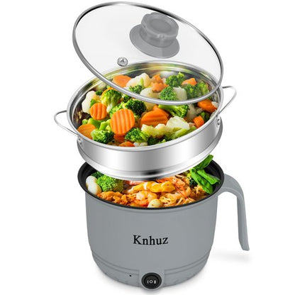 Hot Pot Electric With Steamer,Rapid Ramen Cooker,1.8L Mini Portable Self Heating Electric Pot For Cooking Noodles Steak Pasta,Shabu Shabu Hotpot Pot Electric Dorm Lazy Pot,Non-Stick Gray