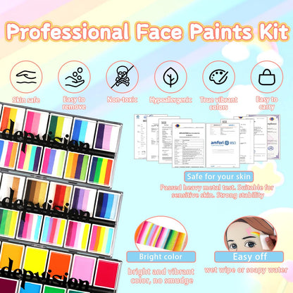 Professional Face Painting kit 110 Colors Split Cake Face Paint 96 pcs Set Non-Toxic Washable & Safe with Brushes Sponges Glitter Stencils for Halloween Makeup Kit for Pro Face Painter full kit