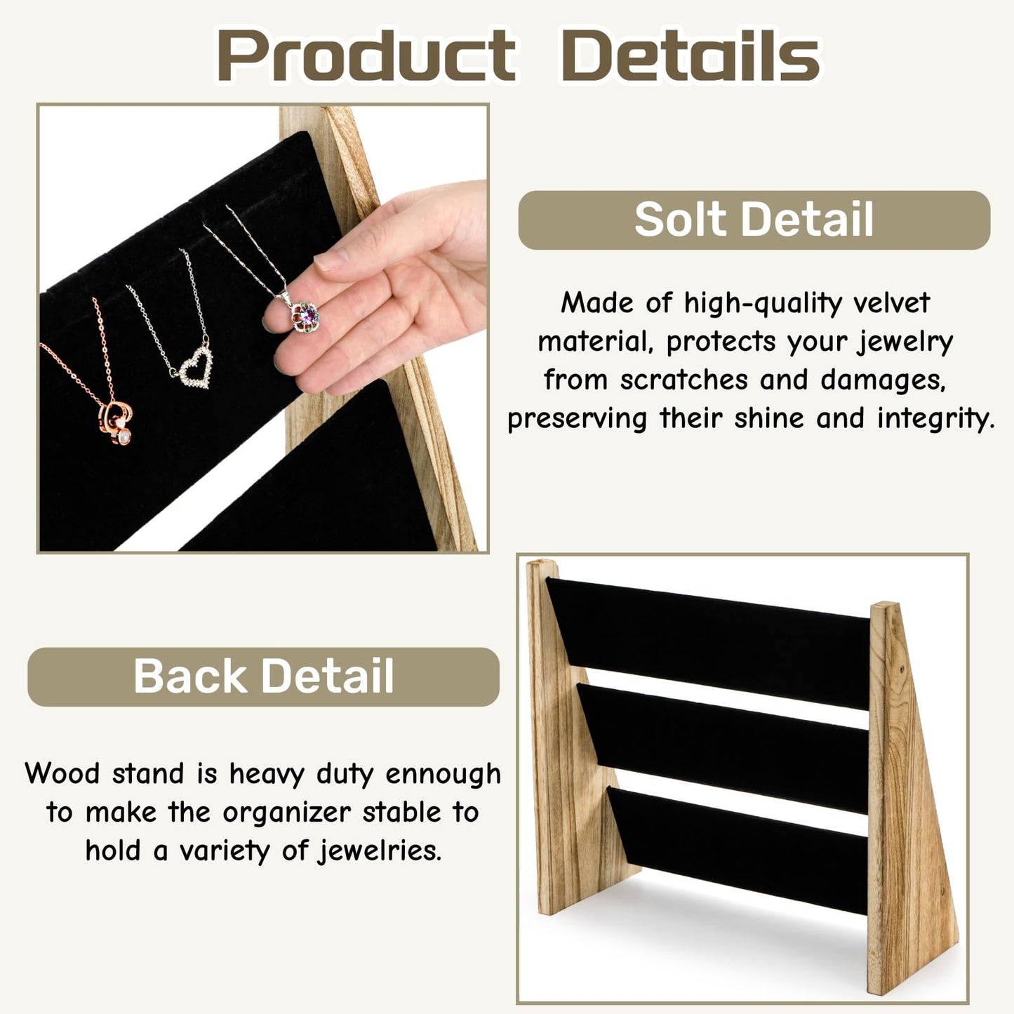 Acshio 3 Tier Necklace Display Stand, Wood Necklace Holder Organizer with Velvet, 72 Slot Tabletop Jewelry Stand Storage for Selling Bracelets Earring, Home Store Trade Show