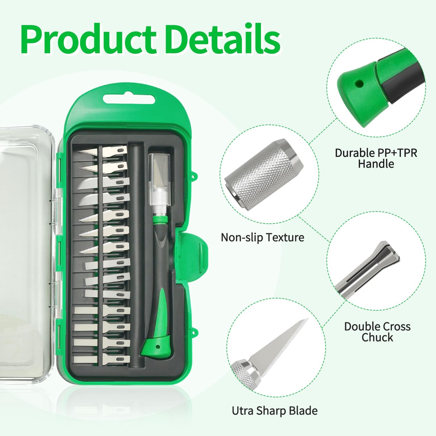 Precision Craft Knife Set with 15 Replacement Blades - Ergonomic Non-Slip Handle Hobby and Exacto Knife Set with Protective Cover for Art, Scrapbooking, Architecture Modeling, Stenciling (Green)