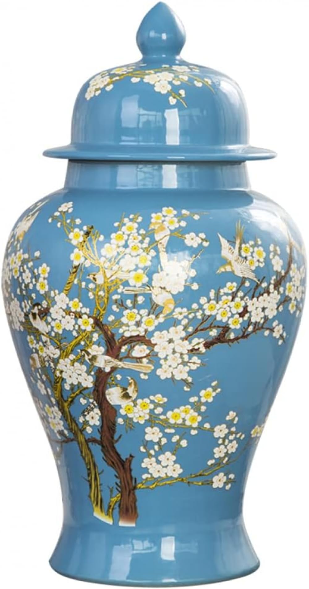ERoomQ Blue Ceramic Ginger Jar with Lid for Home Decor,Traditional Chinese Trees and Flowers Temple Jar, Jingdezhen Handcrafted Porcelain Vase Centerpiece Decor-Medium