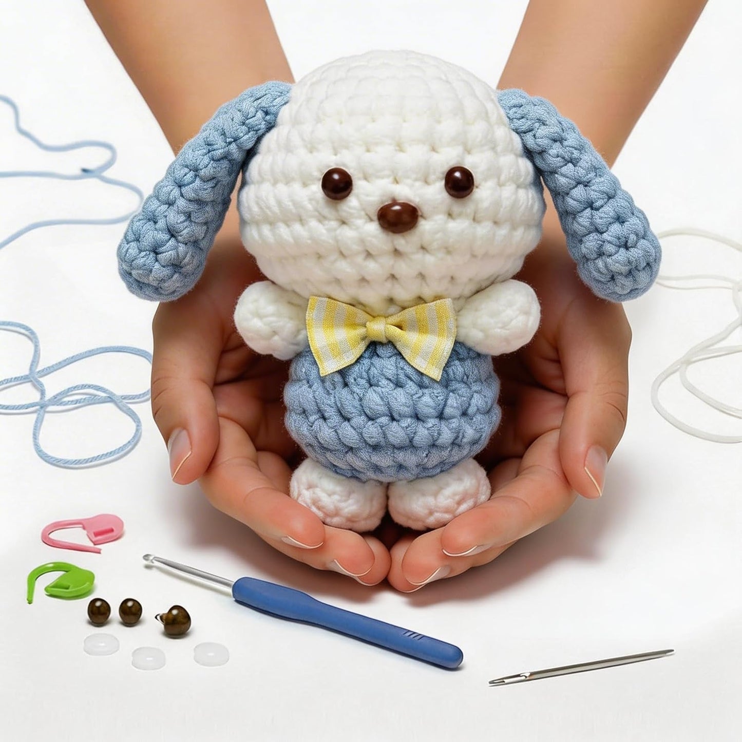 BUNUKY Crochet Kit for Complete Beginners - DIY Starter Kit to Make a Cute Puppy | Step-by-Step Video Tutorials for Easy Learning | Creative Craft Gift for Christmas, Adults, Teens (Sky Pup)